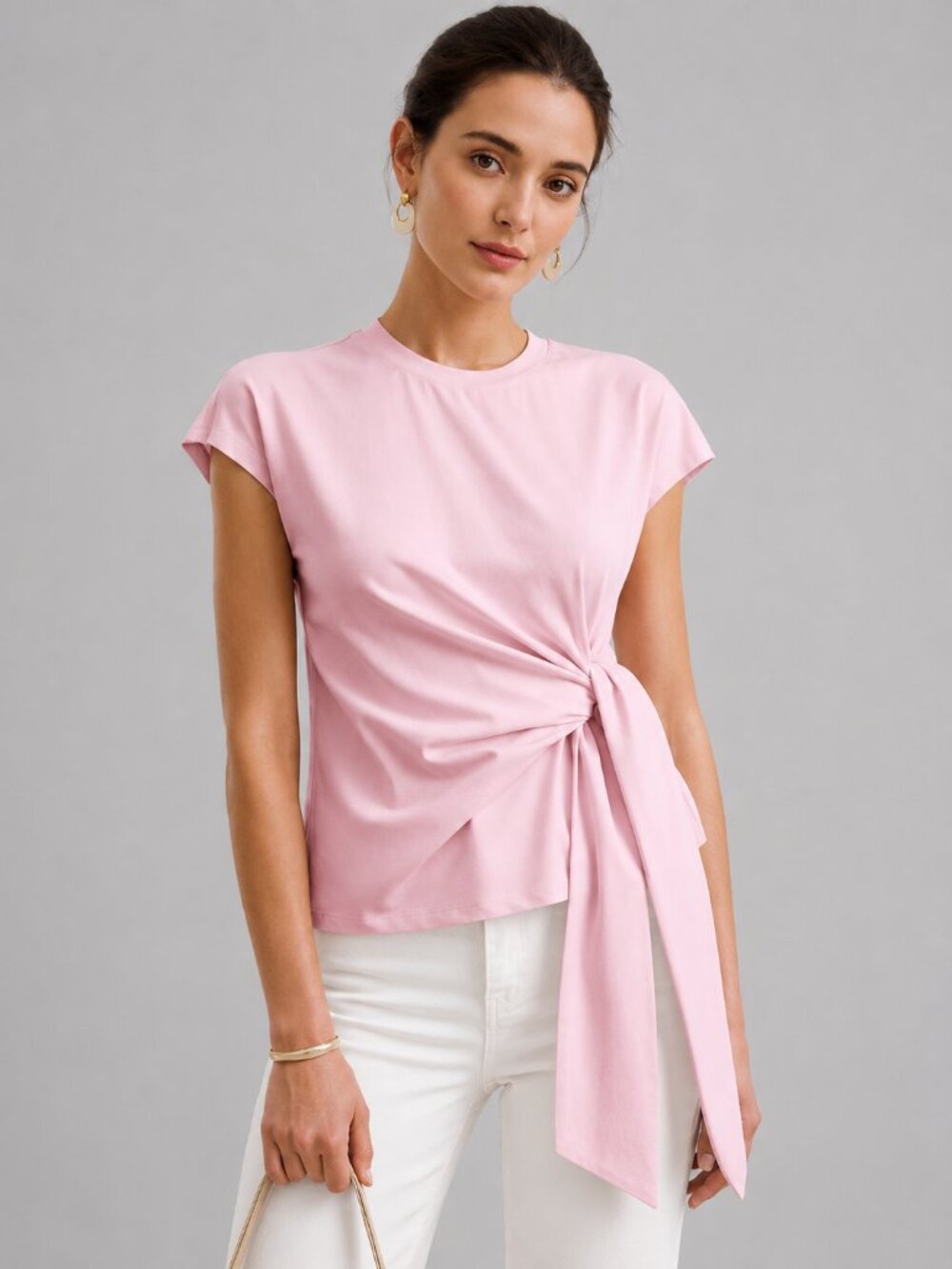Women’s Pink Cotton Knot Front Cap Sleeve Casual Blouse T-Shirt Top Chic